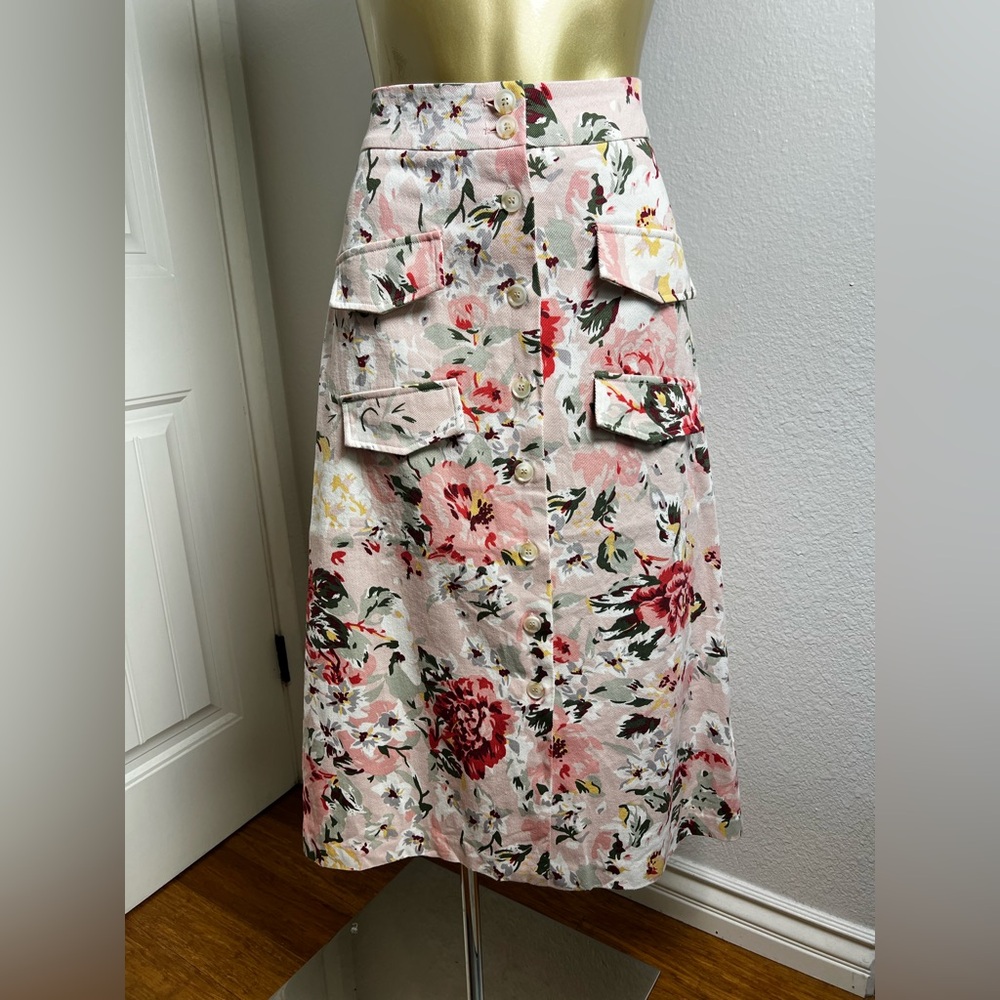 Anthropologie Pink Floral A-Line Skirt